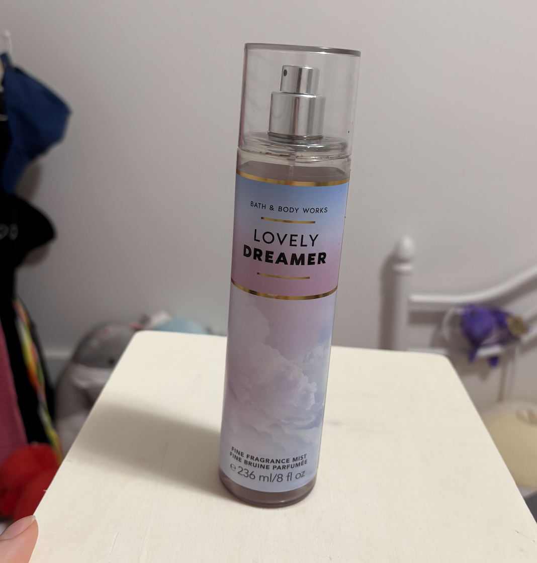 A perfume spray bottle, interaction is spraying the nozzle.